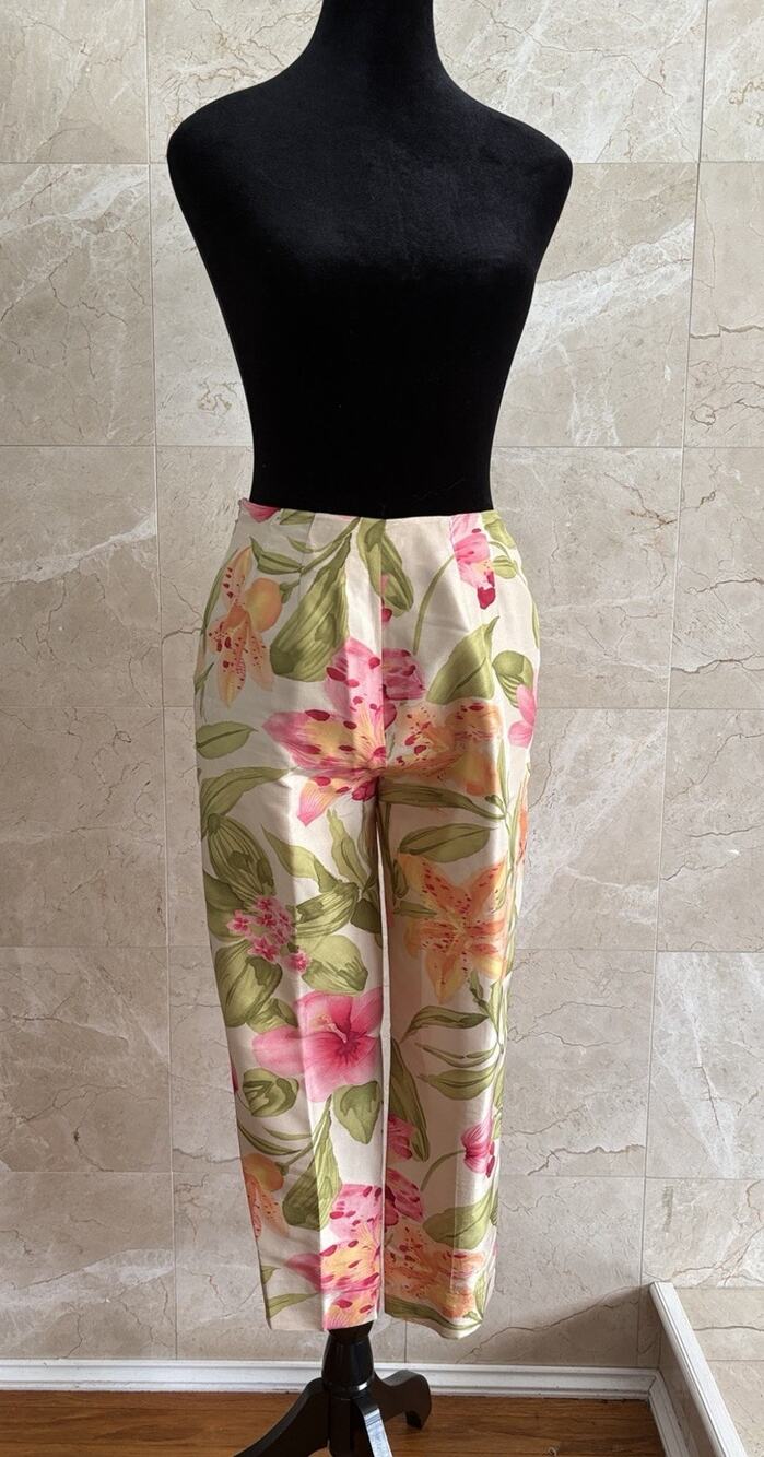 VTG 90s Dana Buchman Silk Tapered Pants — 2P Cream Tropical Floral Lined Resort